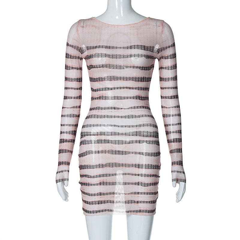 Striped Sheer Mesh Crew Neck Long Sleeve Bodycon Mini Dress 2