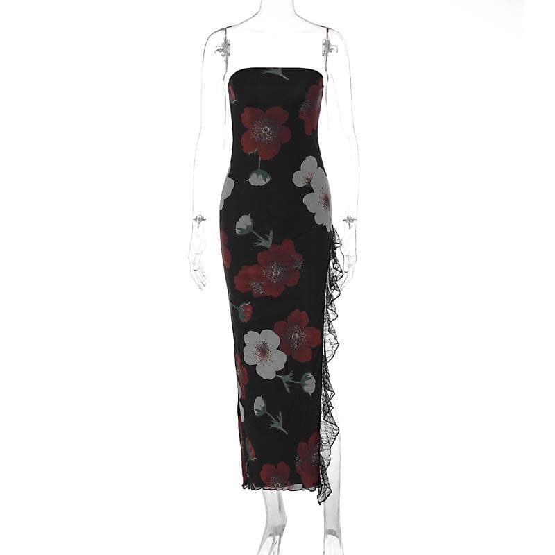 Floral Print Strapless Tube Neck Lace Trim Thigh Slit Maxi Dress 9