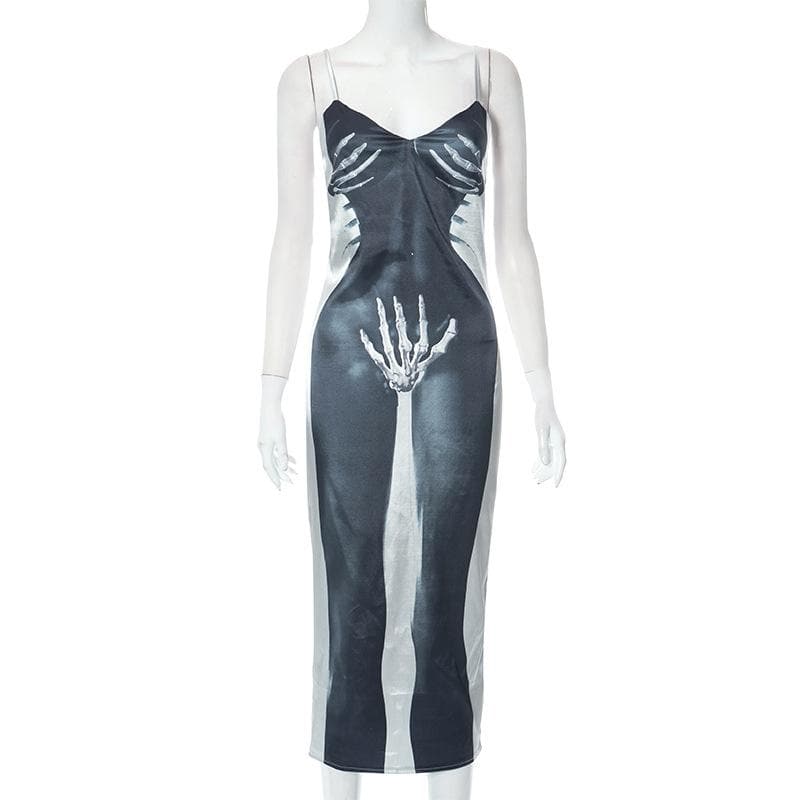 Skull Print V-Neck Zip Front Backless Cami Midi Dress 2