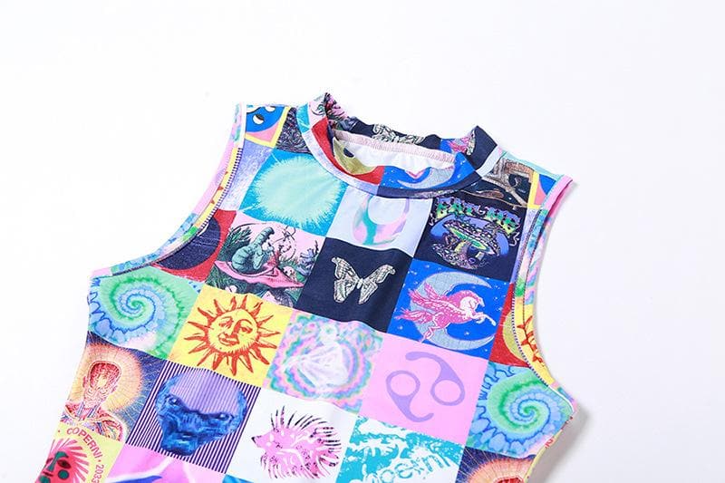 Sleeveless Mock Neck Patchwork Graphic Print Bodycon Maxi Dress 4