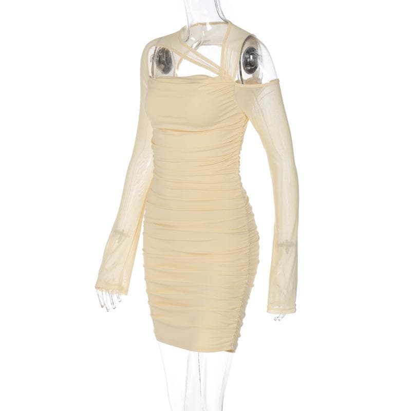 Asymmetric Cutout Crisscross Strap Ruched Mesh Long Sleeve Mini Dress 7