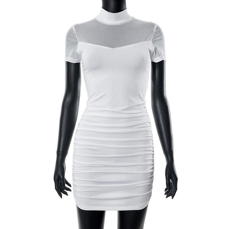 Mesh Mock Neck Short Sleeve Ruched Bodycon Mini Dress 4