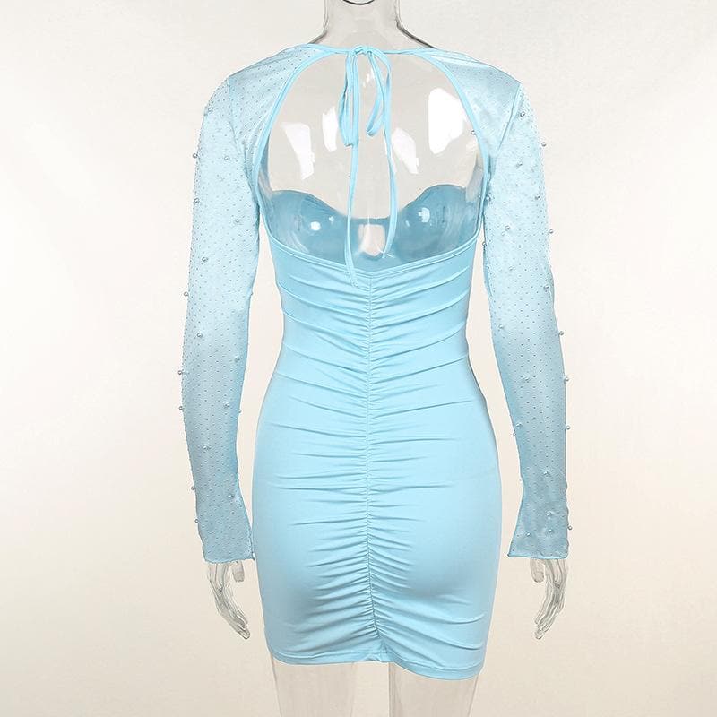 Hollow Out Beaded Mesh Sleeve Sweetheart Keyhole Ruched Zip Mini Dress 6