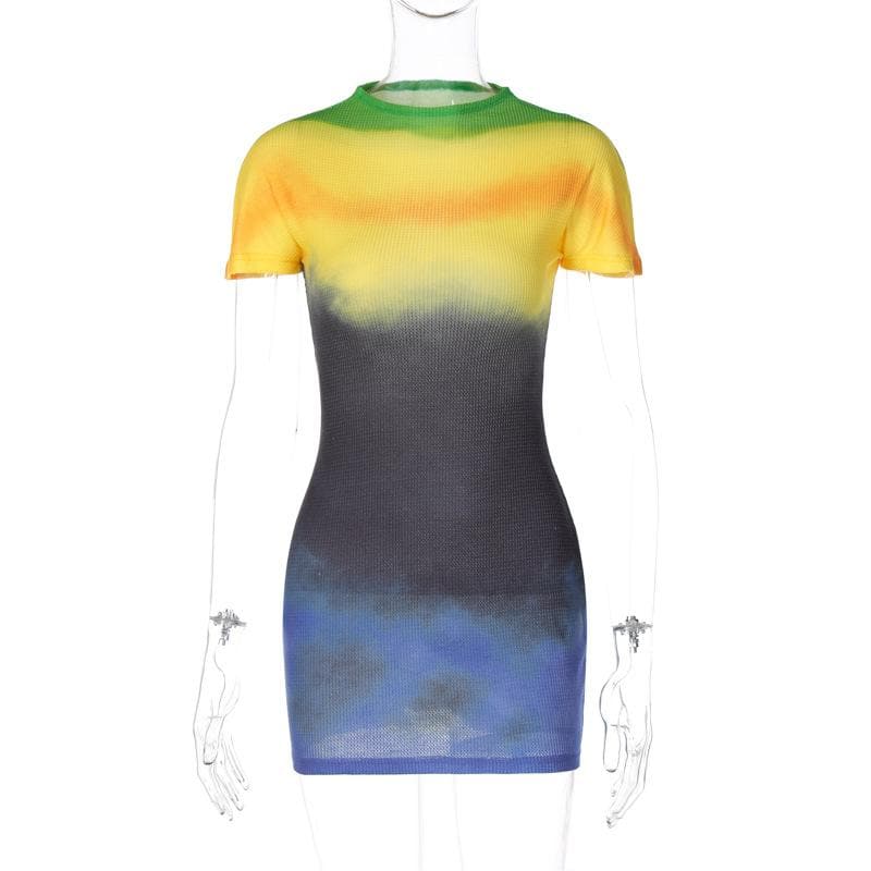 Ribbed Knit Tie Dye Gradient Mock Neck Short Sleeve Mini Dress 3