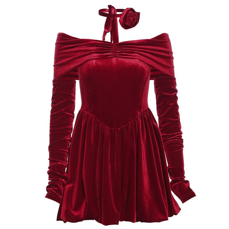 Off Shoulder Ruched Zip Long Sleeve Bubble Hem Mini Dress 10