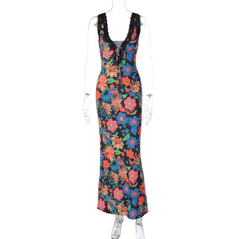 Lace Trim Tie Front Plunge V Neck Floral Maxi Dress 8