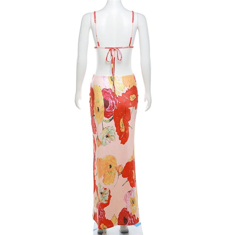 Floral Print Plunge Neck Waist Cutout Spaghetti Strap Maxi Dress 4