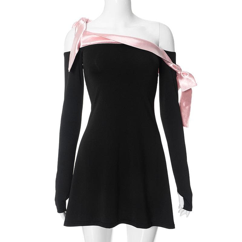 Off Shoulder Satin Ribbon Bow Thumbhole Long Sleeve Mini Dress 4