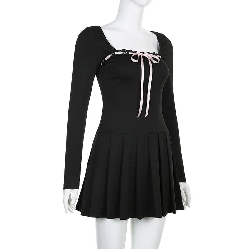 Square Neck Lace Trim Ribbon Bow Pleated Skirt Long Sleeve Mini Dress 3