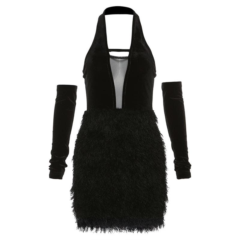 Velvet Mesh Ladder Strap Deep V Halter Fringe Mini Dress with Gloves 8