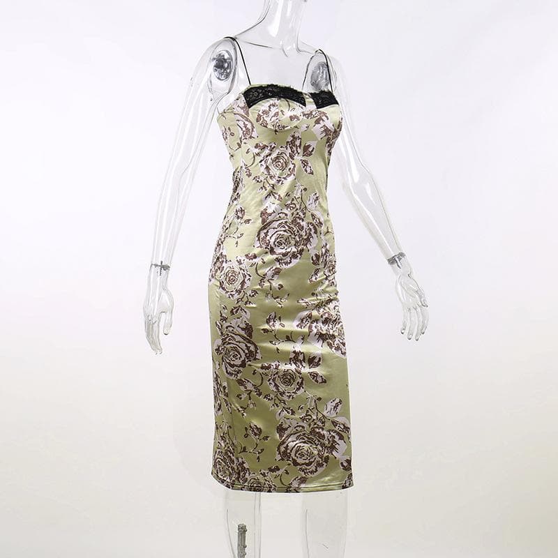 Spaghetti Strap Lace Trim Print Satin Slip Maxi Dress 11