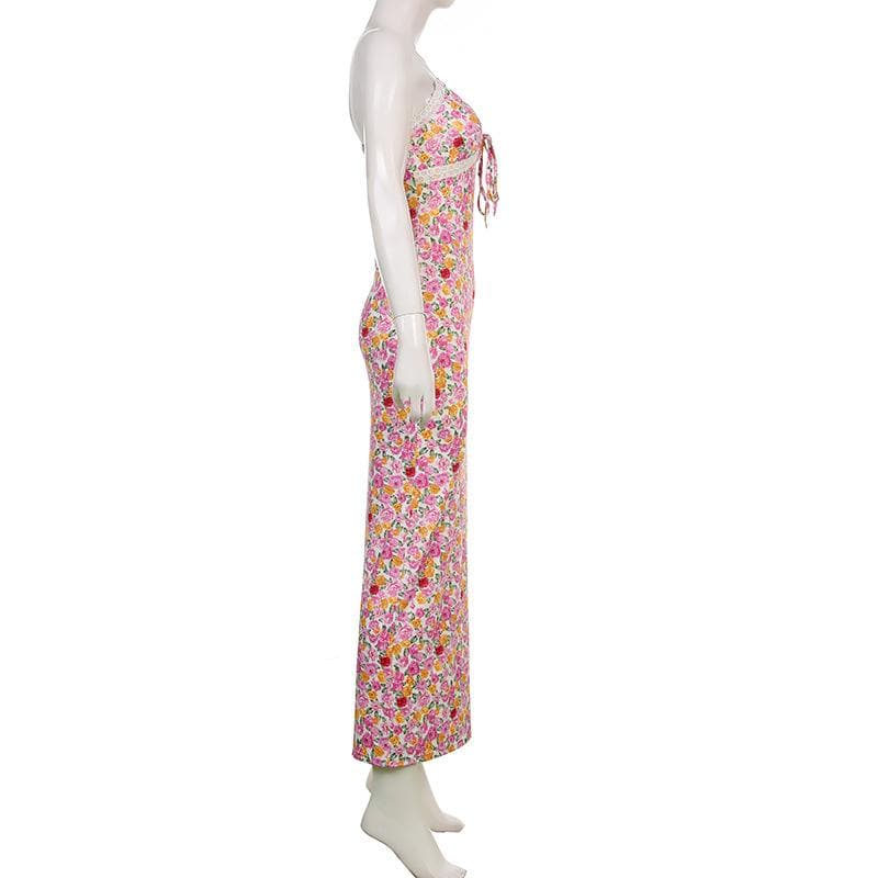 Floral Print V Neck Keyhole Tie Lace Trim Spaghetti Strap Cami Maxi Dress 6