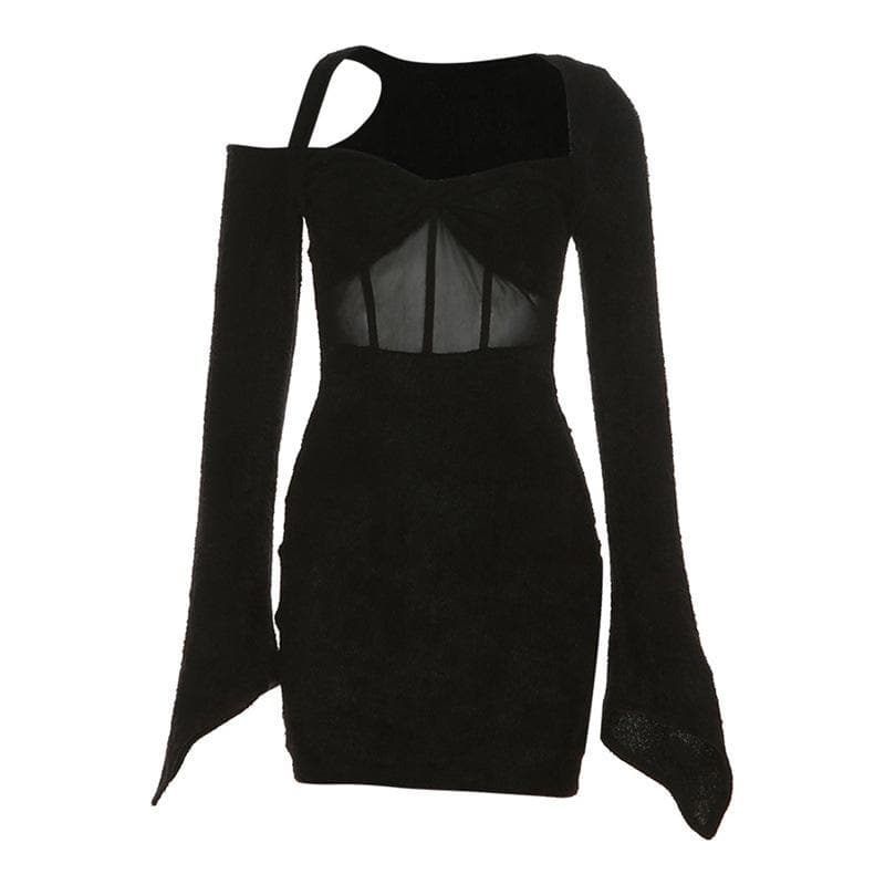 Fuzzy Cold Shoulder Corset Mesh Panel Bell Sleeve Mini Dress 2
