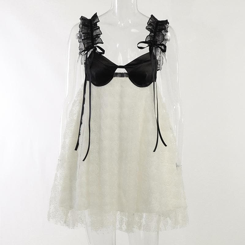 Contrast Bustier Ruffle Strap Babydoll Floral Mesh Mini Dress 8