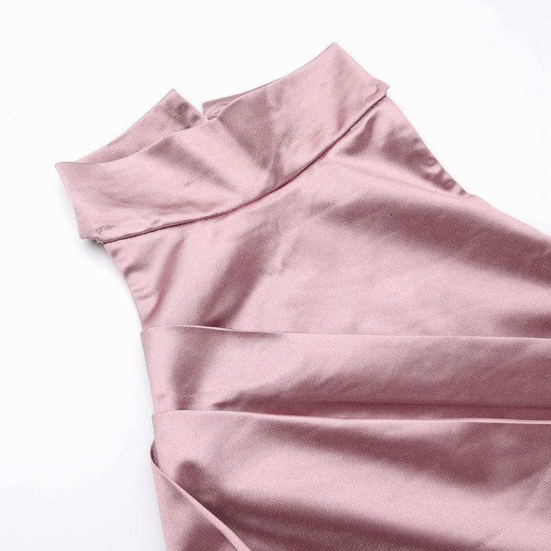 Ruched Satin Zip Up Halter Backless Slit Maxi Dress 5