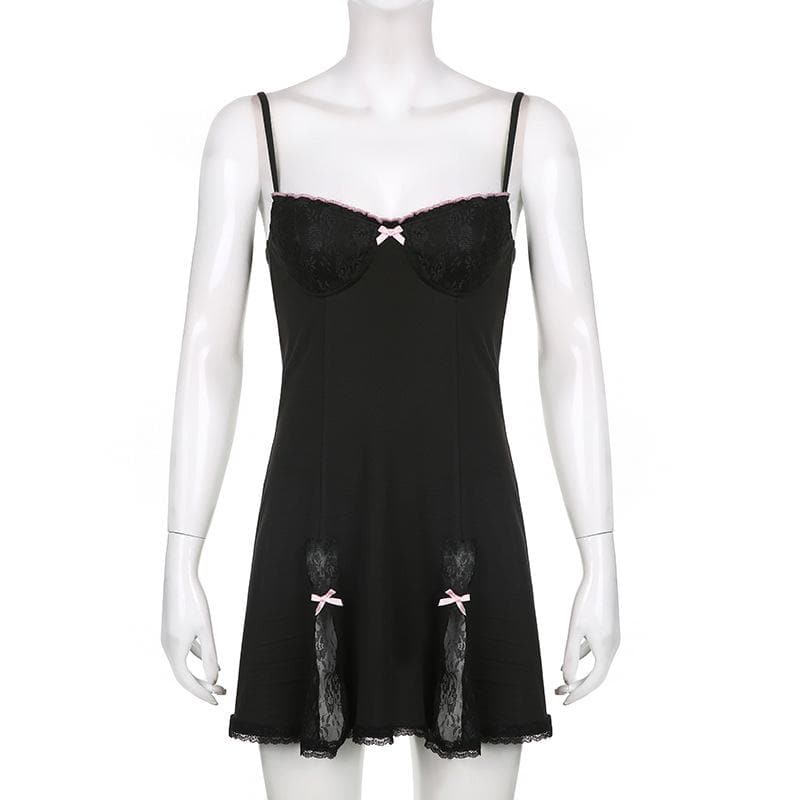 Sweetheart Lace Cup Bow Trim Front Slit Lace Panel Cami Mini Dress 4