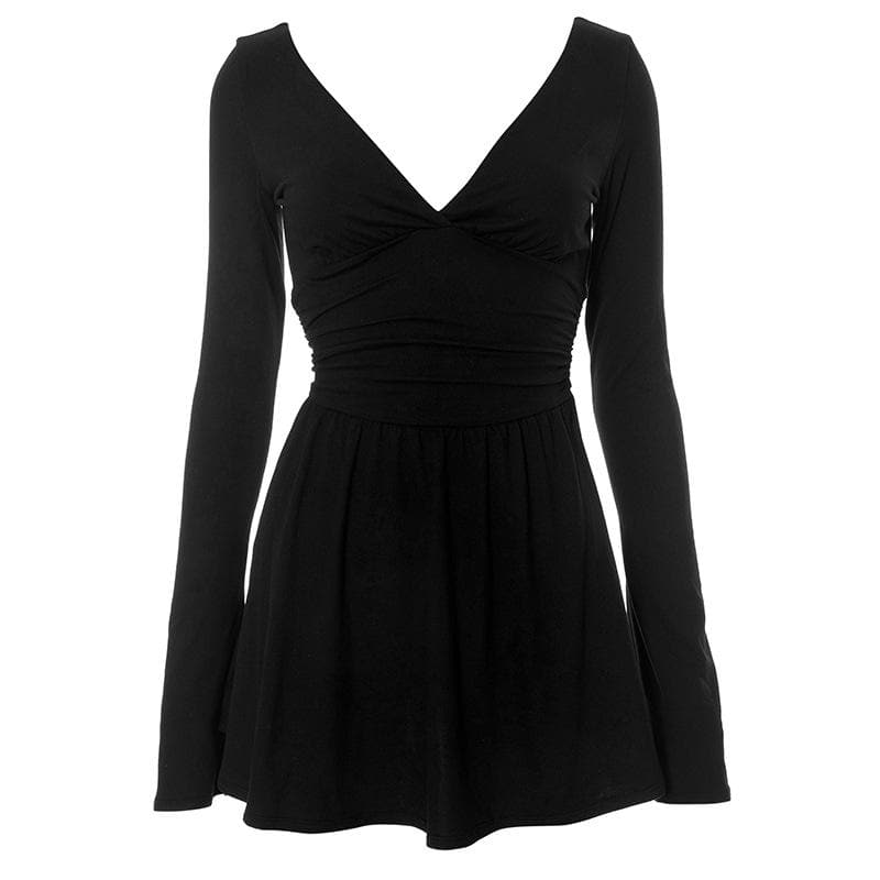 Deep V Neck Long Sleeve Ruched Waist Fit And Flare Mini Dress