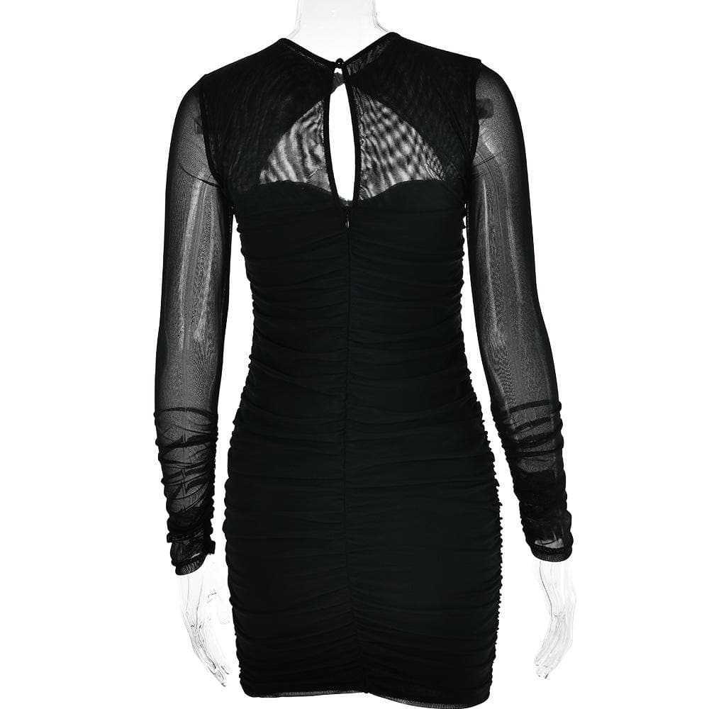 Twist Neck Mesh Sleeve Chest Cutout Ruched Bodycon Mini Dress 6