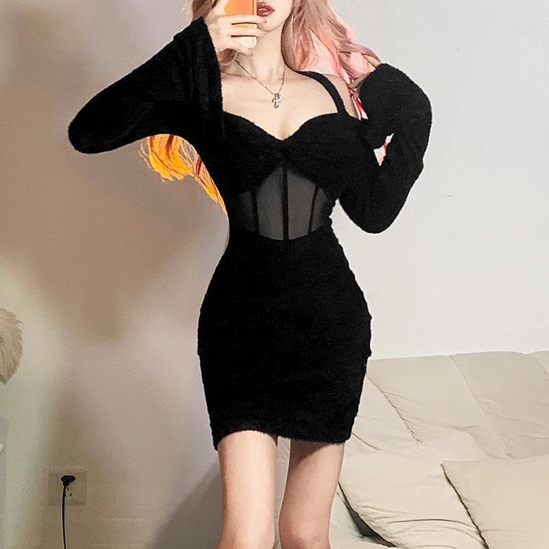 Fuzzy Cold Shoulder Corset Mesh Panel Bell Sleeve Mini Dress 7