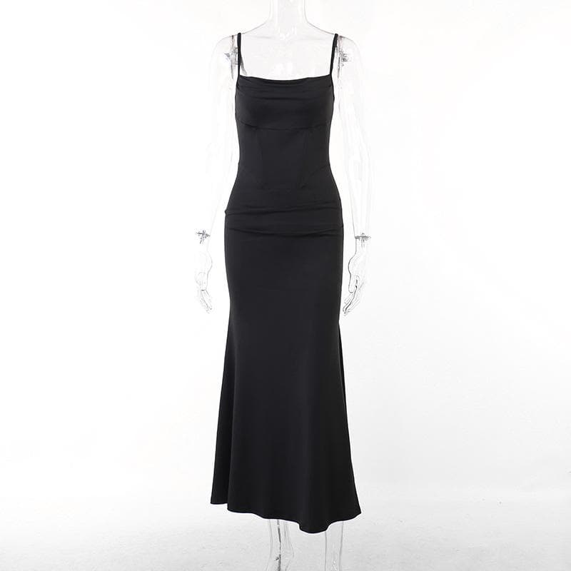 Spaghetti Strap Cowl Neck Corset Seam Ruched Bodycon Maxi Dress 3