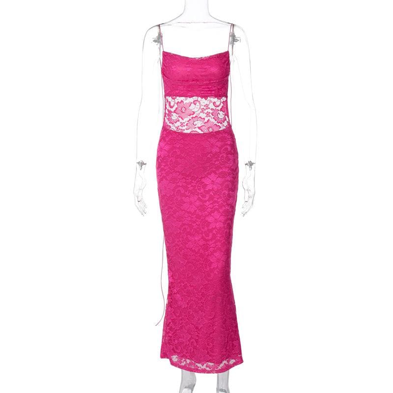 Floral Lace Spaghetti Strap Sheer Midriff Bodycon Maxi Dress 8