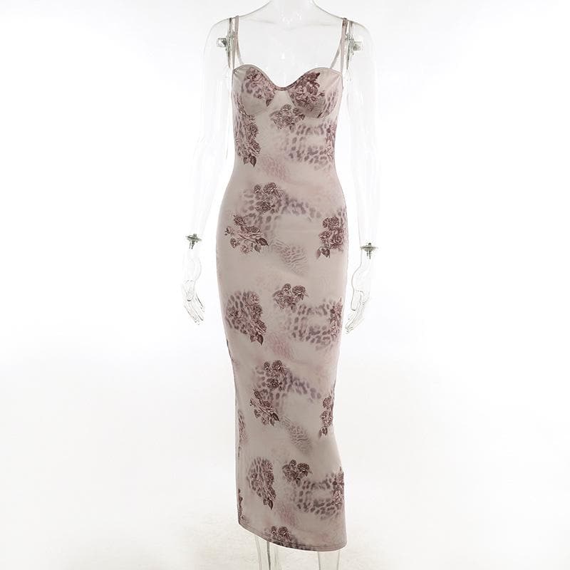 Floral Spotted Print Sweetheart Bustier Spaghetti Strap Bodycon Maxi Dress 8