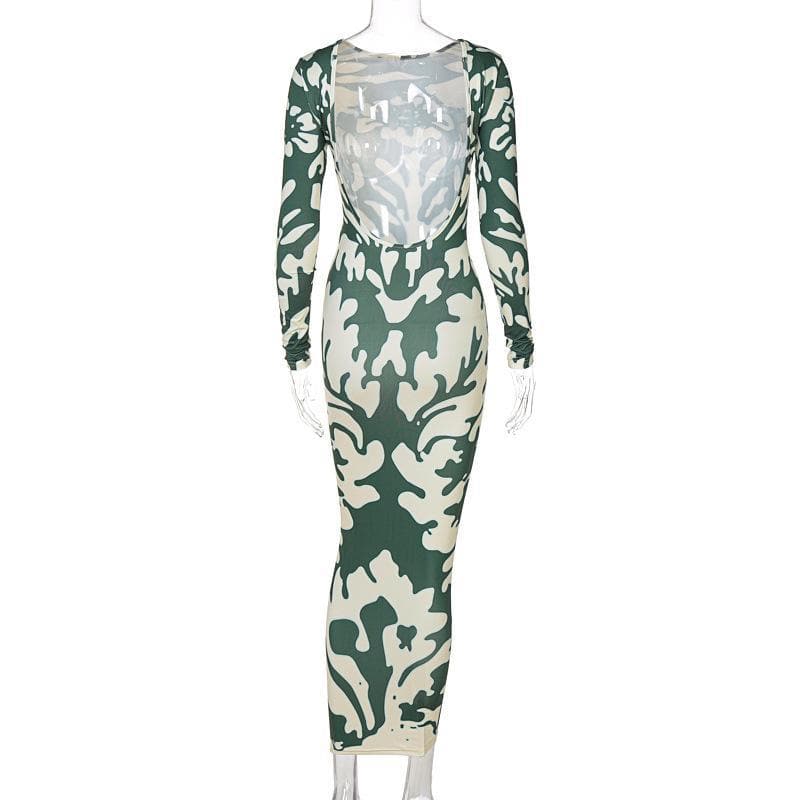 Crew Neck Long Sleeve Abstract Symmetrical Print Bodycon Midi Dress 5