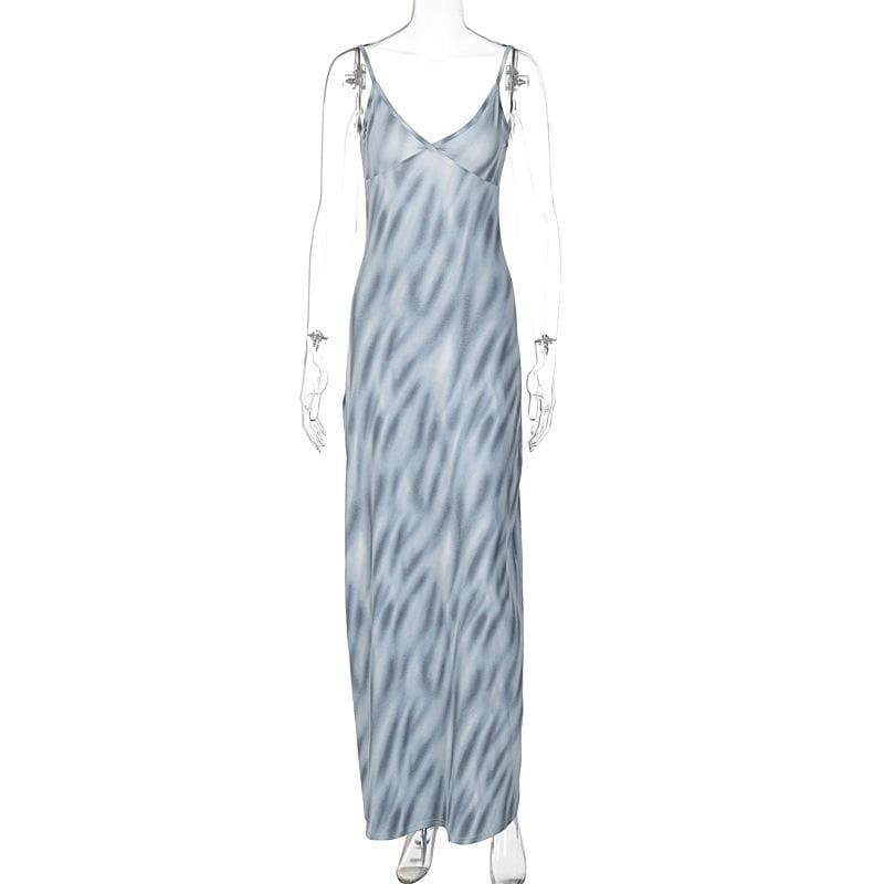 V Neck Spaghetti Strap Abstract Swirl Print Bodycon Maxi Dress 3