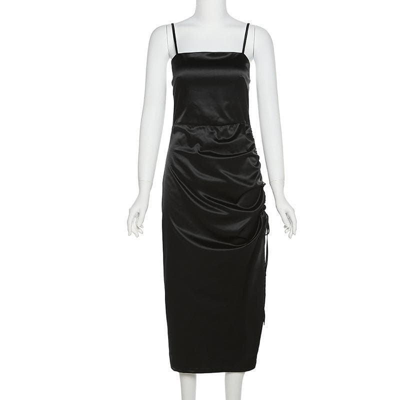 Satin Square Neck Side Ruched Drawstring Slit Bodycon Midi Dress 7