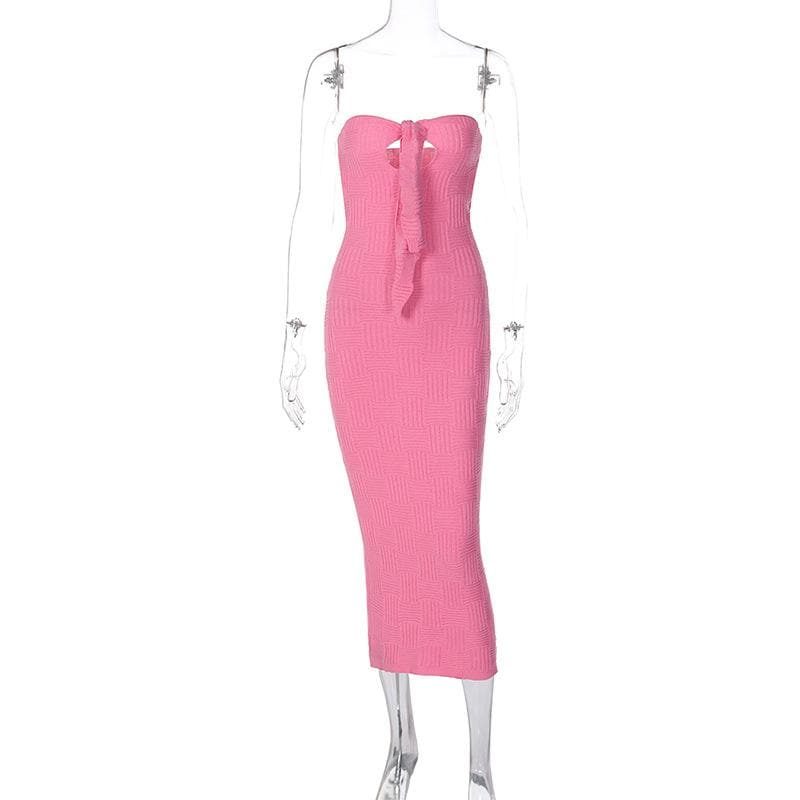 Strapless Sweetheart Basketweave Knit Keyhole Tie Front Column Midi Dress 4