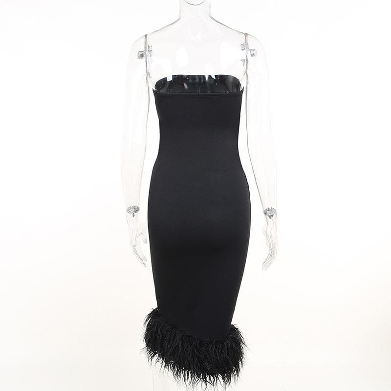 Strapless Glitter Knit Feather Trim Tube Midi Dress 4