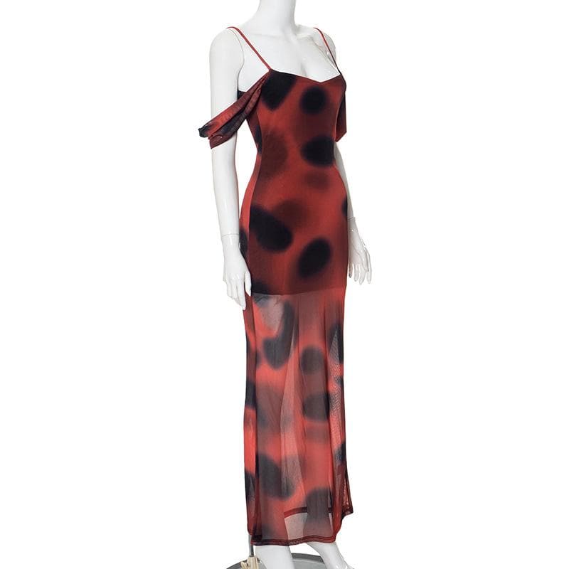 Off Shoulder Spaghetti Strap Blurred Dot Print Sheer Mesh Maxi Dress 7