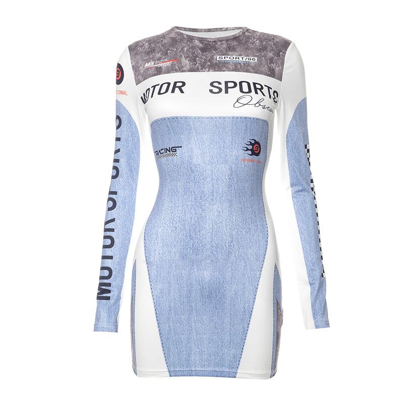 Motorsport Print Long Sleeve Crew Neck Patchwork Bodycon Mini Dress 2