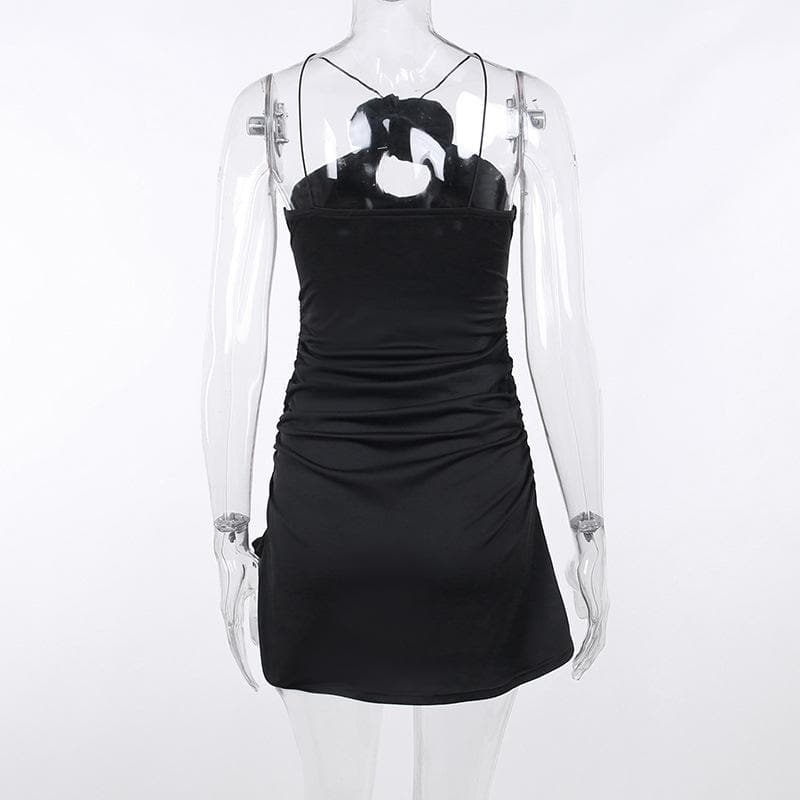 Halter Flower Applique Keyhole Ruched Side Slit Mini Dress 5