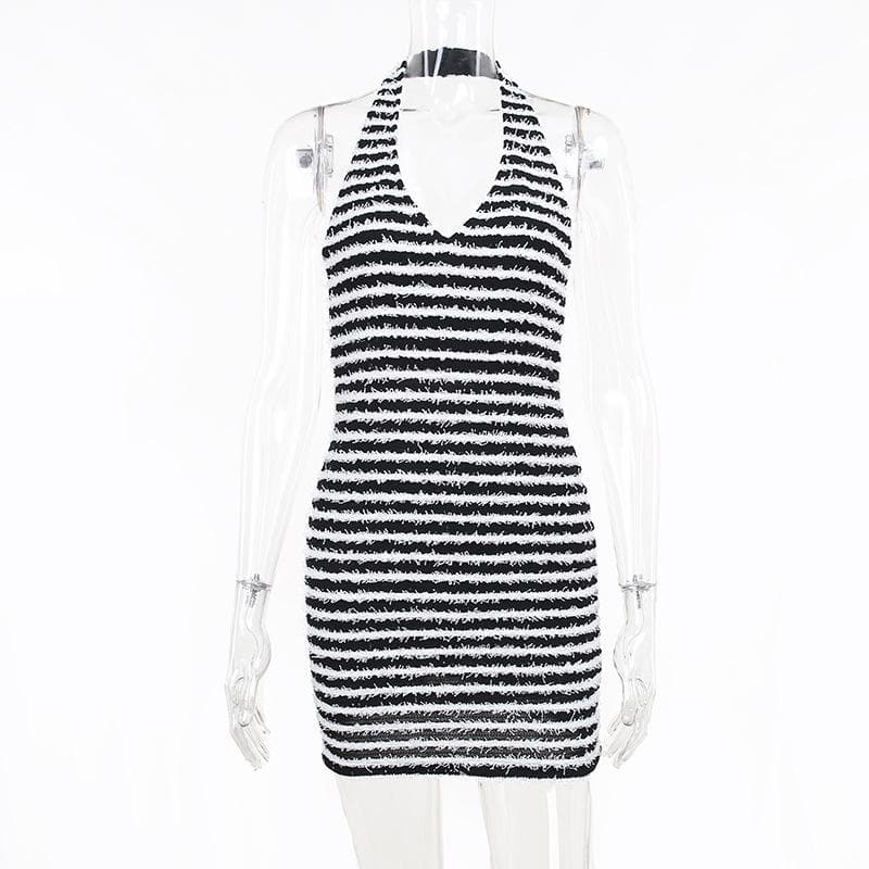 Contrast Striped Fuzzy Knit Halter Neck Backless Bodycon Mini Dress 8