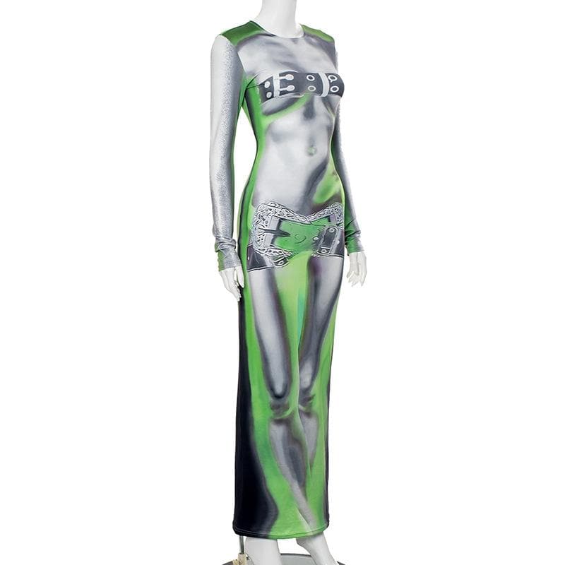 Crew Neck Long Sleeve Body Print Harness Belt Illusion Maxi Dress 7