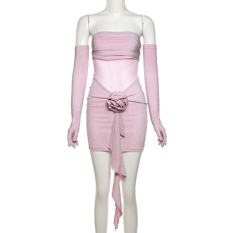 Strapless Glitter Mesh Flower Applique Ruched Ruffle Hem Tube Mini Dress with Opera Gloves 9