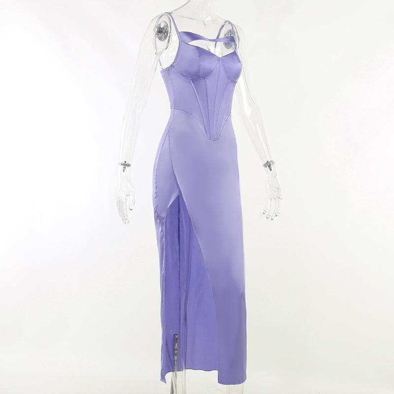 Spaghetti Strap Corset Panel Chest Cutout High Slit Satin Maxi Gown 5