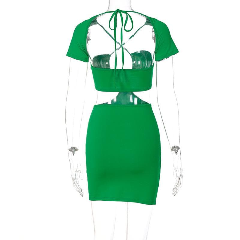 Ruched Bust Crisscross Halter Cutout Waist Flared Sleeve Bodycon Mini Dress 3