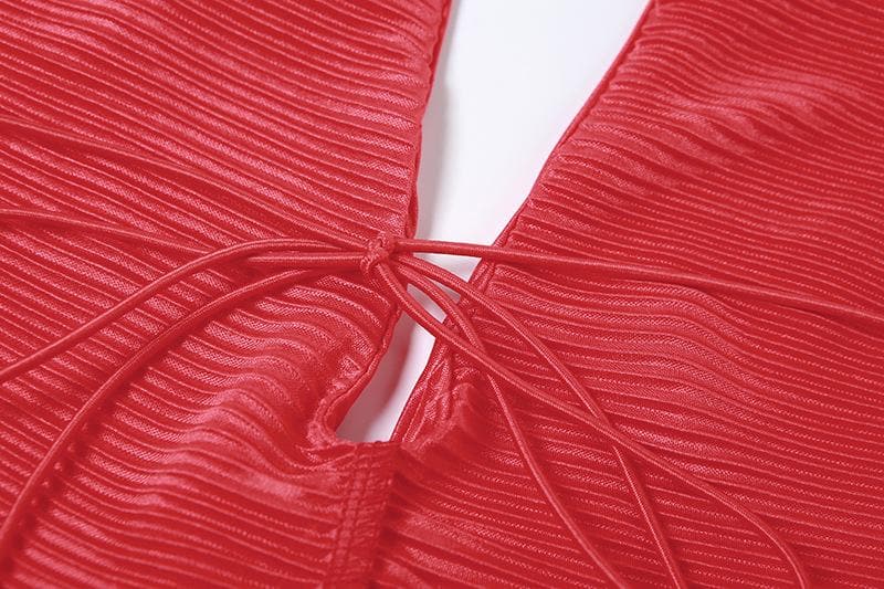 Halter V-Neck Pleated Cutout Bell Sleeve Ruffle Romper 6