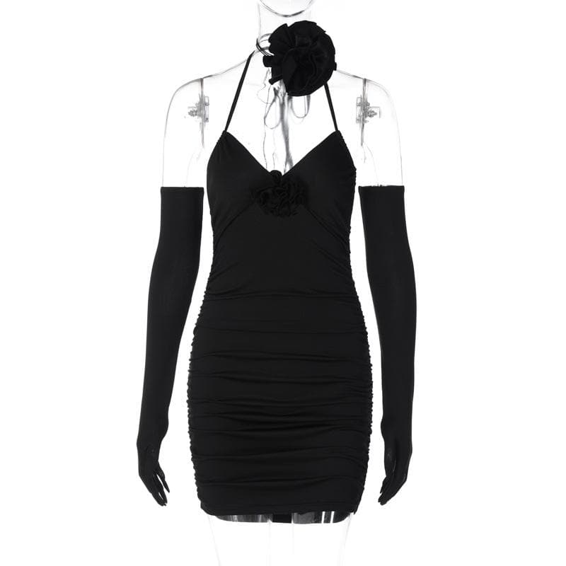Sweetheart Halter Neck 3D Floral Applique Ruched Bodycon Mini Dress 8