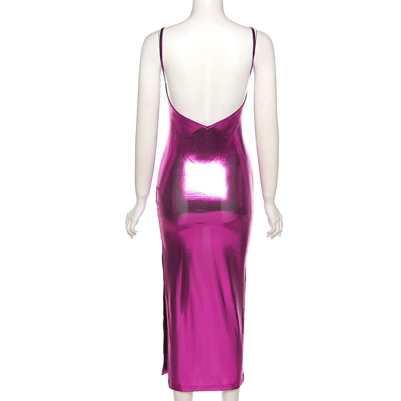 Metallic Notch Neck Spaghetti Strap Backless Cami Midi Dress 3