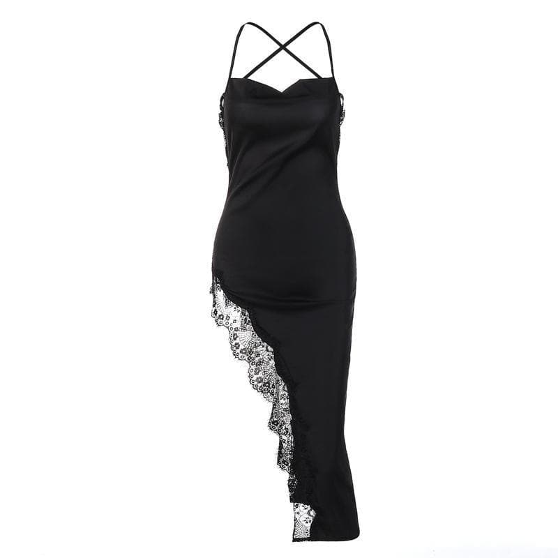 Cowl Neck Crisscross Strap Lace Trim Asymmetrical Hem Satin Midi Dress