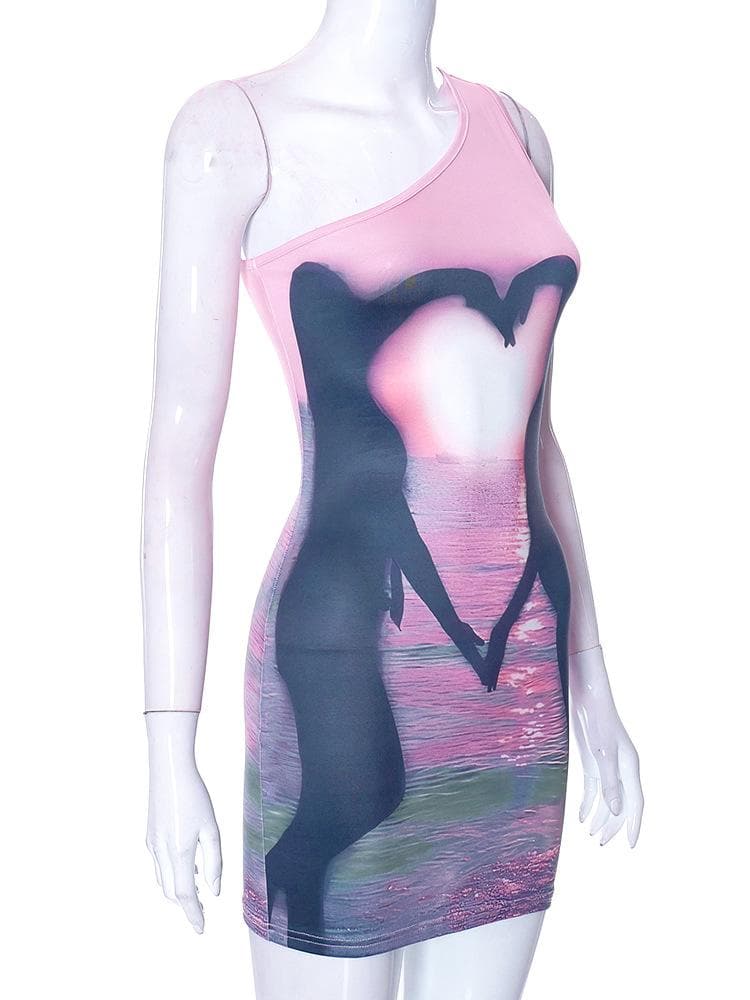 One Shoulder Swan Heart Sunset Graphic Bodycon Mini Dress 3