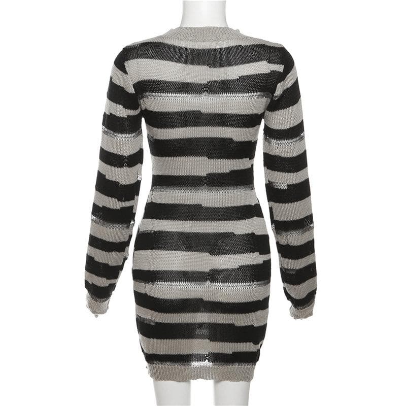 Crew Neck Distressed Open Knit Glitch Stripe Rib Knit Mini Dress 5