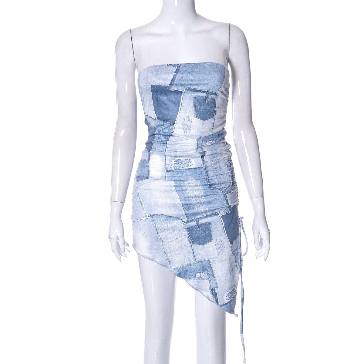 Strapless Denim Patchwork Ruched Drawstring Asymmetric Hem Mini Dress 9