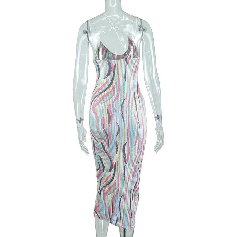 Spaghetti Strap Crossover Strap Abstract Pinstripe Print Bodycon Midi Dress 4