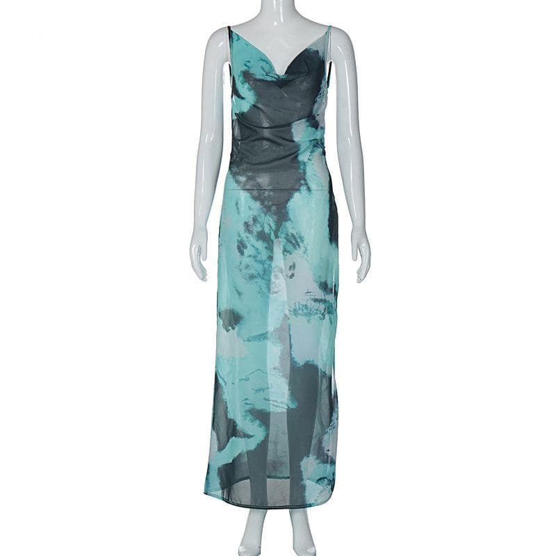 Abstract Tie Dye Print Cowl Neck Spaghetti Strap High Slit Maxi Dress 8