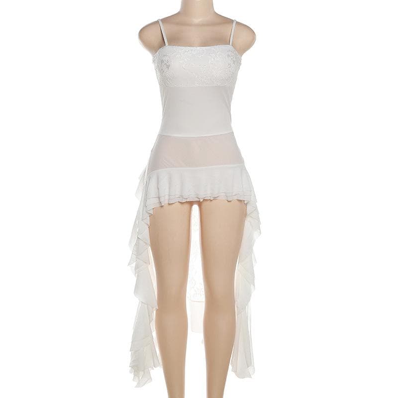 Spaghetti Strap Lace Panel Mesh High Low Ruffle Mini Dress 9