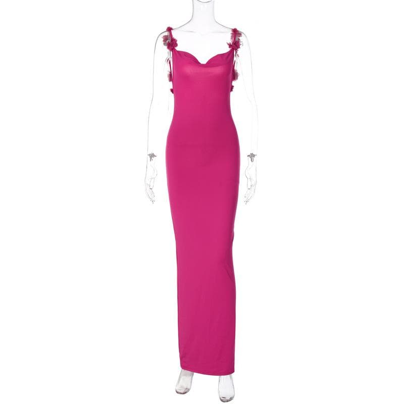 Spaghetti Strap Rosette Applique Open Back Bodycon Maxi Dress 3